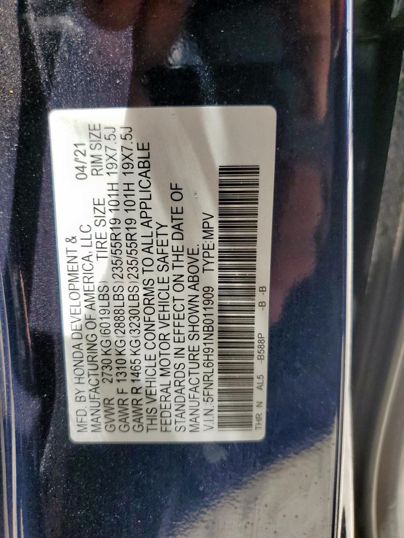 5FNRL6H91NB011909 - 2022 HONDA ODYSSEY ELITE أزرق صورة 13