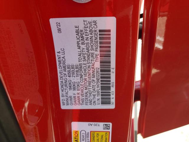 19XFL1H75NE022812 - 2022 HONDA CIVIC EXL წითელი ფოტო 12