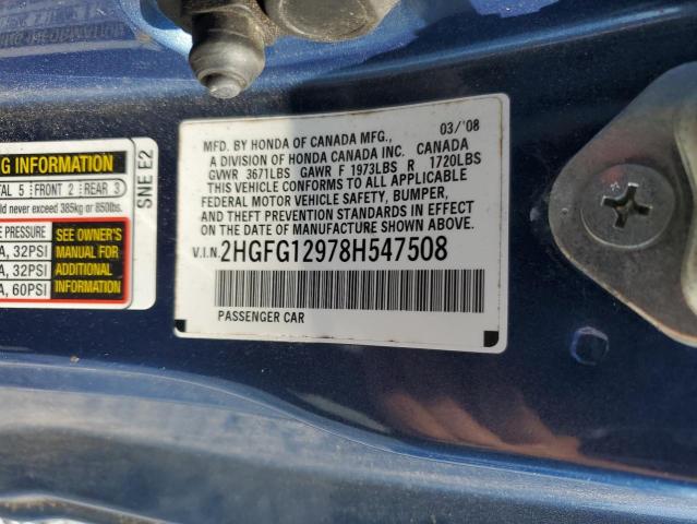 2HGFG12978H547508 - 2008 HONDA CIVIC EXL ლურჯი ფოტო 12