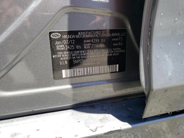 5NPEB4AC3CH450295 - 2012 HYUNDAI SONATA GLS GRAY photo 12