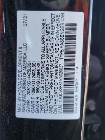 1HGCV2F31MA026037 - 2021 HONDA ACCORD SPORT Қара фото 13