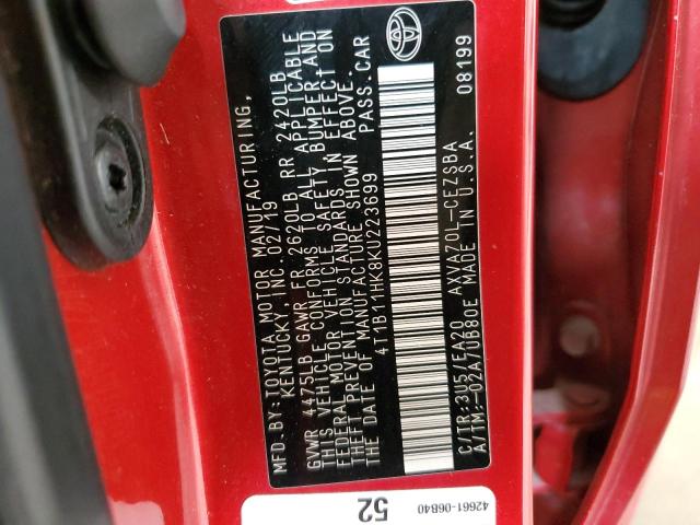 4T1B11HK8KU223699 - 2019 TOYOTA CAMRY L 红色 照片 12