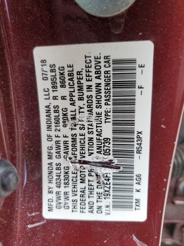 19XZE4F91KE005739 - 2019 HONDA INSIGHT TOURING BURGUNDY photo 12