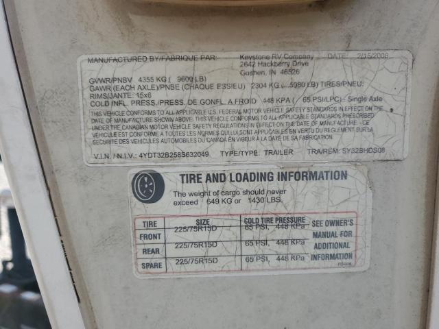 4YDT32B258S632049 - 2008 KEYSTONE OUTBACK WHITE photo 10