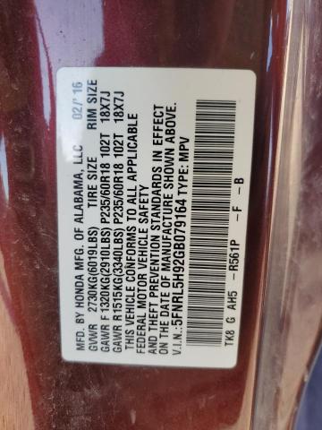 5FNRL5H92GB079164 - 2016 HONDA ODYSSEY TOURING 红色 照片 13