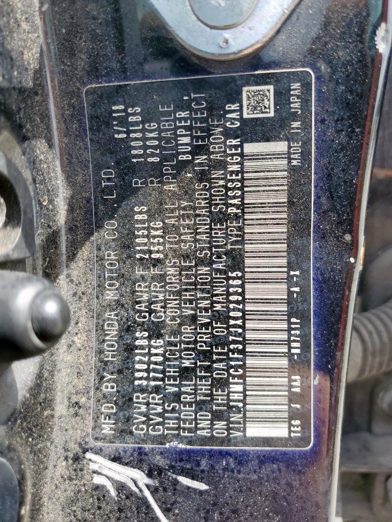 JHMFC1F37JX029365 - 2018 HONDA CIVIC EX BLACK photo 13