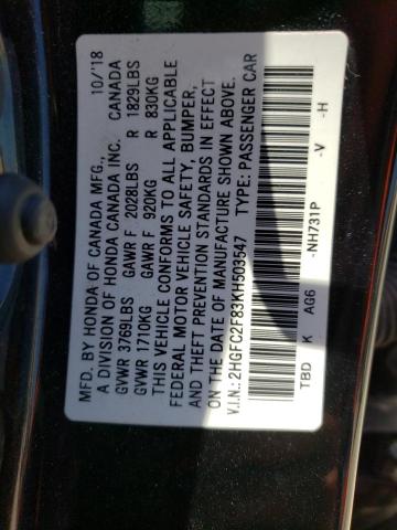 2HGFC2F83KH503547 - 2019 HONDA CIVIC SPORT 黑色 照片 12