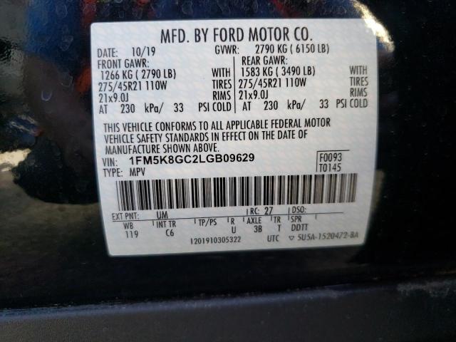 1FM5K8GC2LGB09629 - 2020 FORD EXPLORER ST BLACK photo 10