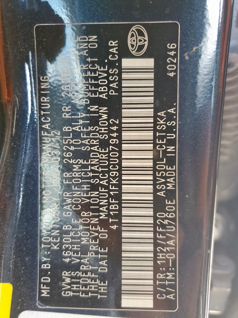 4T1BF1FK9CU079442 - 2012 TOYOTA CAMRY BASE CHARCOAL photo 12