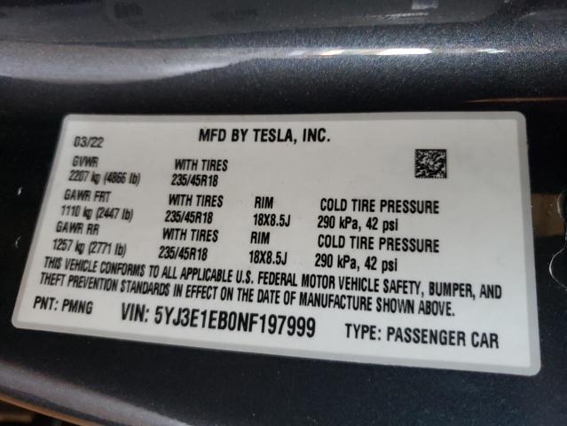 5YJ3E1EB0NF197999 - 2022 TESLA MODEL 3 GRAY photo 13