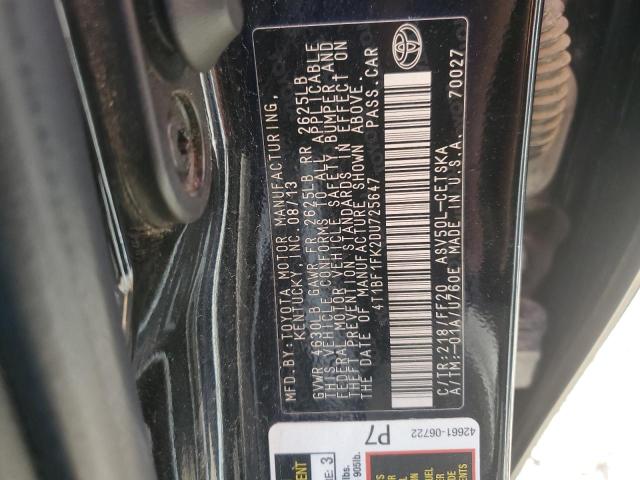 4T1BF1FK2DU725647 - 2013 TOYOTA CAMRY L 黑色 照片 12