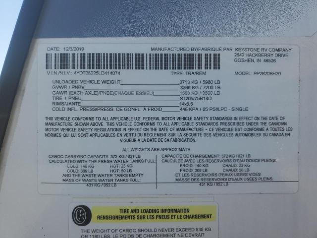 4YDT28226LD414074 - 2020 KEYSTONE PASSPORT WHITE photo 10