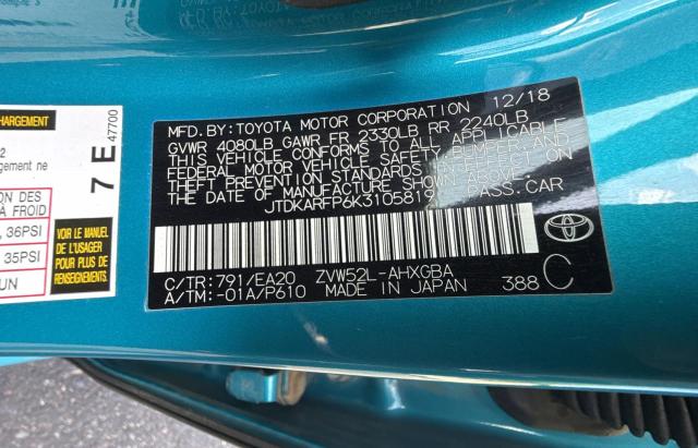 JTDKARFP6K3105819 - 2019 TOYOTA PRIUS PRIM 蓝色 照片 10