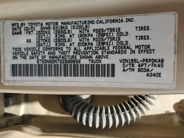 5TEGN92N72Z899858 - 2002 TOYOTA TACOMA DOUBLE CAB PRERUNNER GOLD photo 12