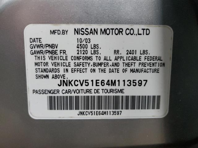 JNKCV51E64M113597 - 2004 INFINITI G35 SILVER photo 12