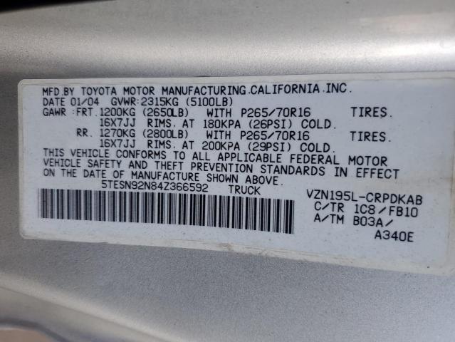 5TESN92N84Z366592 - 2004 TOYOTA TACOMA XTRACAB PRERUNNER ვერცხლისფერი ფოტო 12