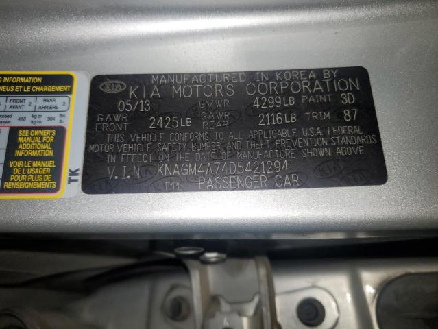 KNAGM4A74D5421294 - 2013 KIA OPTIMA LX SILVER photo 12