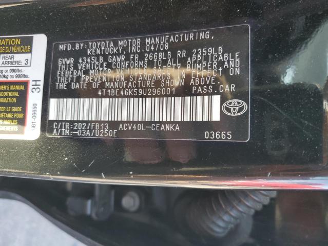 4T1BE46K59U296001 - 2009 TOYOTA CAMRY BASE BLACK photo 12