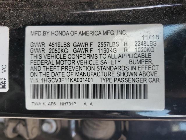 1HGCV3F11KA001401 - 2019 HONDA ACCORD HYBRID Noir photo 12