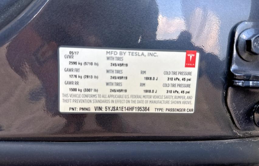 5YJSA1E14HF195384 - 2017 TESLA MODEL S GRAY photo 10