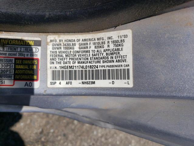 1HGEM21174L018224 - 2004 HONDA CIVIC DX VP Մոխրագույն լուսանկար 12