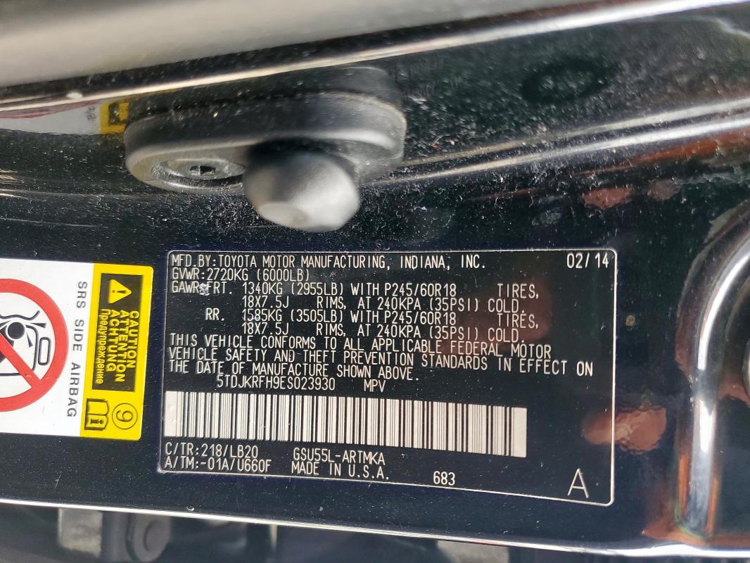 5TDJKRFH9ES023930 - 2014 TOYOTA HIGHLANDER XLE BLACK photo 14