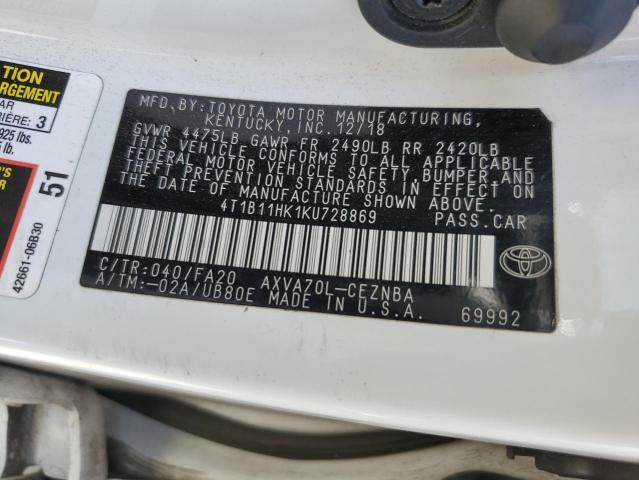 4T1B11HK1KU728869 - 2019 TOYOTA CAMRY L WHITE photo 12