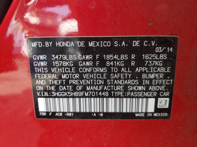 3HGGK5H89FM701448 - 2015 HONDA FIT EX RED photo 10