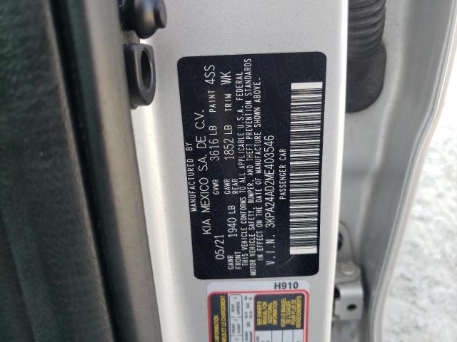 3KPA24AD2ME403546 - 2021 KIA RIO LX SILVER photo 12