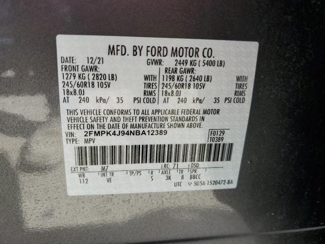 2FMPK4J94NBA12389 - 2022 FORD EDGE SEL GRAY photo 13