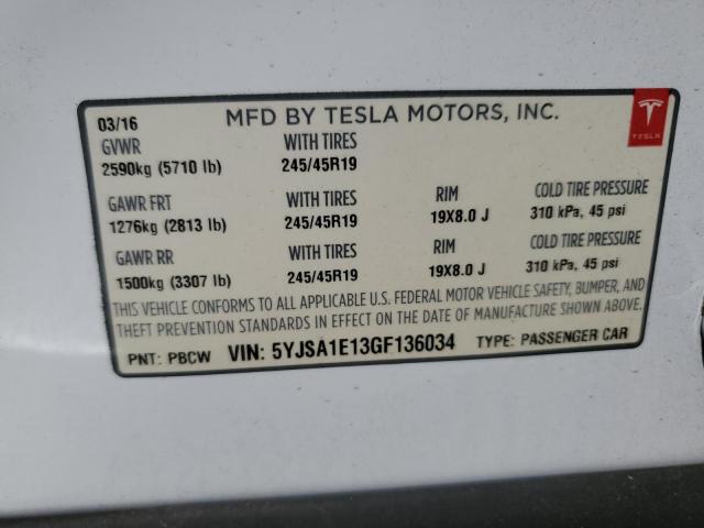 5YJSA1E13GF136034 - 2016 TESLA MODEL S WHITE photo 13