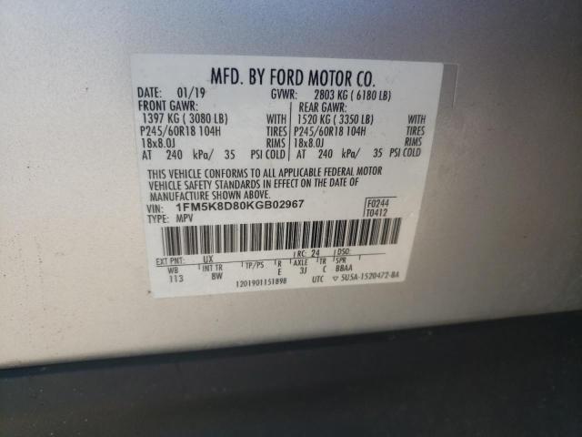 1FM5K8D80KGB02967 - 2019 FORD EXPLORER XLT SILVER photo 12