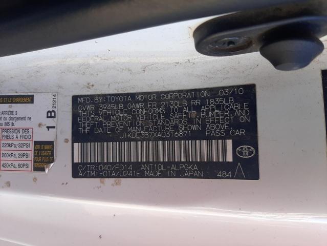 JTKDE3B7XA0316871 - 2010 TOYOTA SCION TC WHITE photo 10