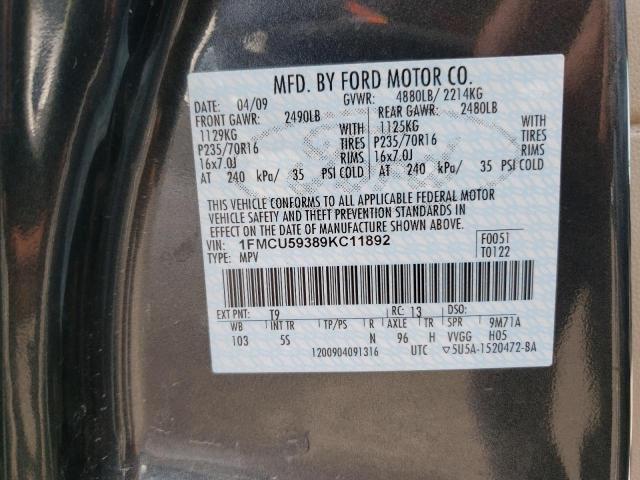 1FMCU59389KC11892 - 2009 FORD ESCAPE HYBRID CHARCOAL photo 10