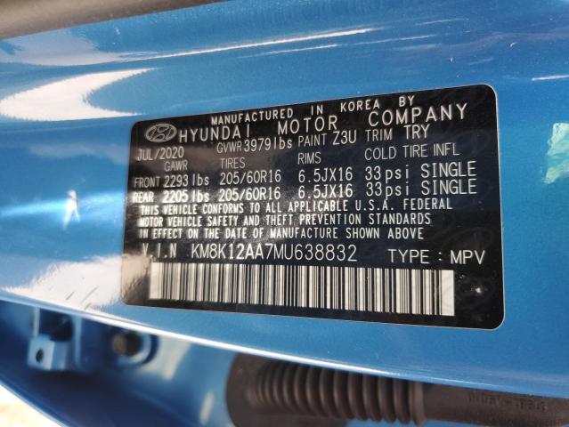 KM8K12AA7MU638832 - 2021 HYUNDAI KONA SE BLUE photo 12