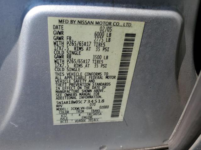 5N1AR18W05C734518 - 2005 NISSAN PATHFINDER LE 银色 照片 12