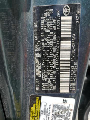 4T1BE32K54U373166 - 2004 TOYOTA CAMRY LE GREEN photo 12