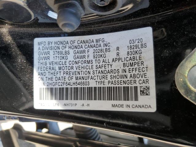 2HGFC2F64LH546603 - 2020 HONDA CIVIC LX BLACK photo 12