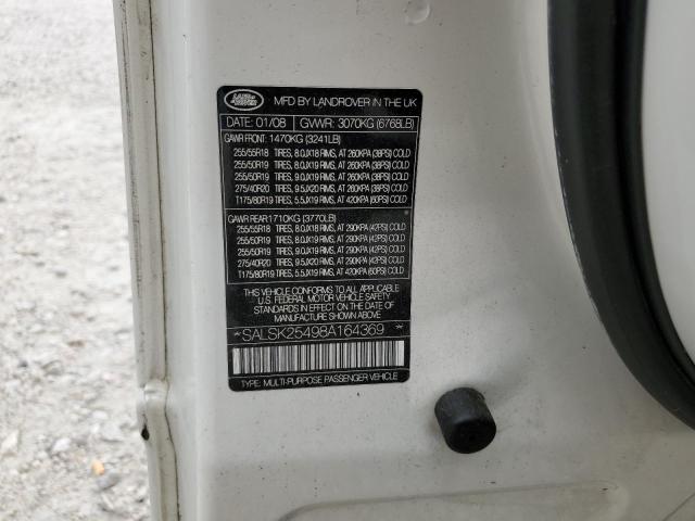 SALSK25498A164369 - 2008 LAND ROVER RANGE ROVE HSE WHITE photo 10