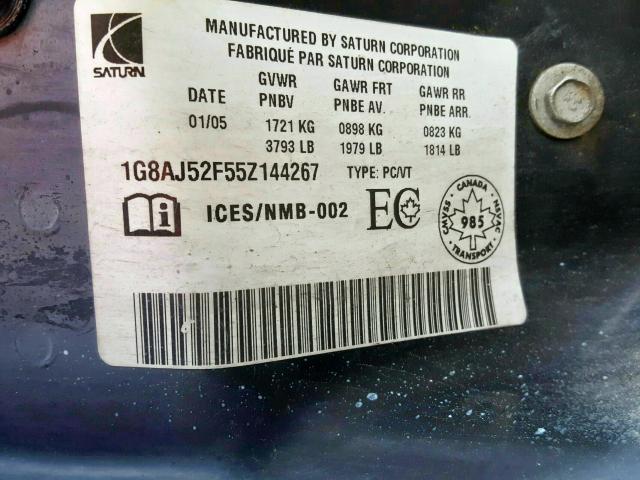 1G8AJ52F55Z144267 - 2005 SATURN ION LEVEL 2  photo 10