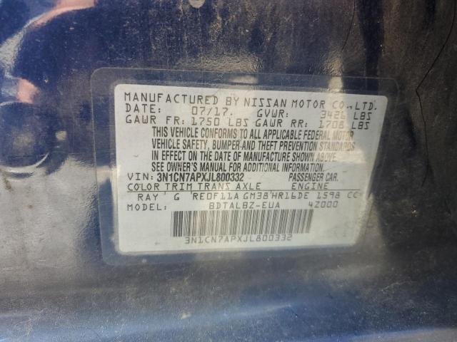 3N1CN7APXJL800332 - 2018 NISSAN VERSA S 蓝色 照片 12