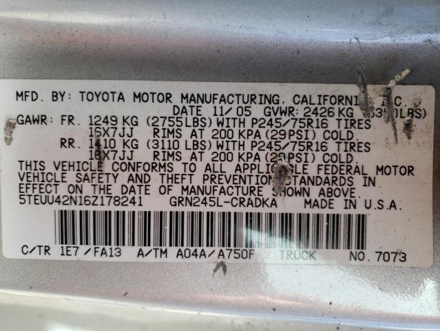 5TEUU42N16Z178241 - 2006 TOYOTA TACOMA ACCESS CAB ვერცხლისფერი ფოტო 12