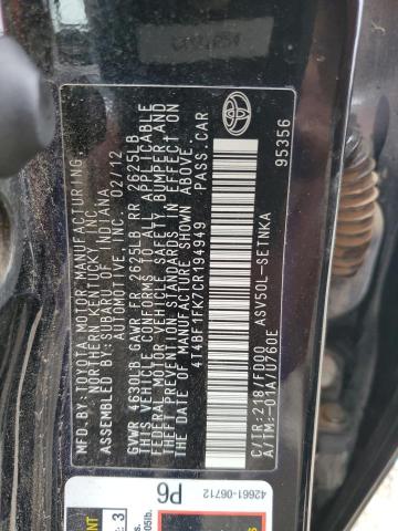 4T4BF1FK7CR194949 - 2012 TOYOTA CAMRY BASE 黑色 照片 12