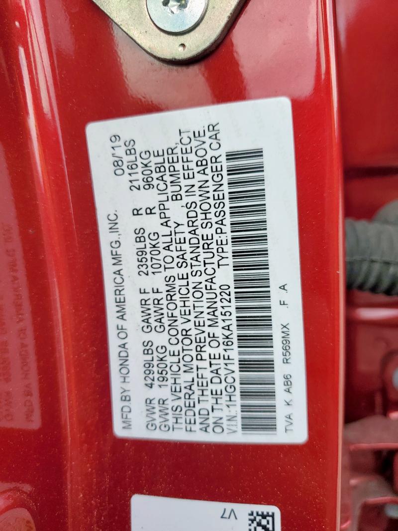 1HGCV1F16KA151220 - 2019 HONDA ACCORD LX 红色 照片 13