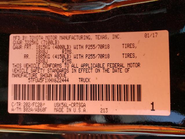 5TFUW5F1XHX622444 - 2017 TOYOTA TUNDRA DOUBLE CAB SR/SR5 BLACK photo 12
