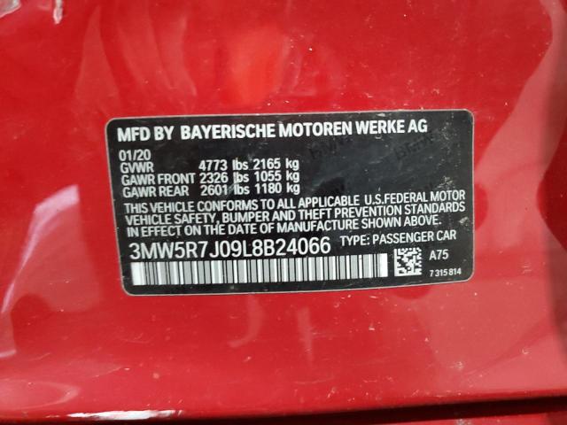 3MW5R7J09L8B24066 - 2020 BMW 330XI RED photo 12