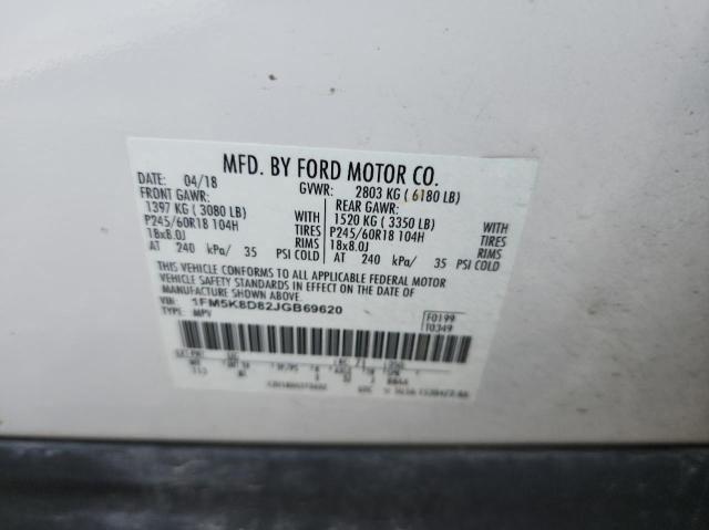 1FM5K8D82JGB69620 - 2018 FORD EXPLORER XLT WHITE photo 10