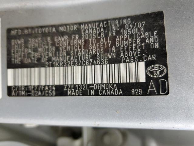 2T1KR32E37C674636 - 2007 TOYOTA COROLLA MA XR SILVER photo 12