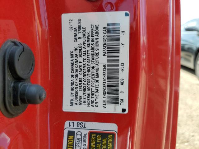 2HGFG3B15CH533346 - 2012 HONDA CIVIC EXL RED photo 12