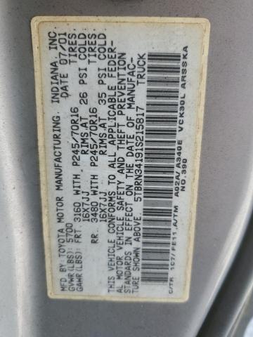 5TBRN34191S215817 - 2001 TOYOTA TUNDRA ACCESS CAB SR5 TAN photo 12